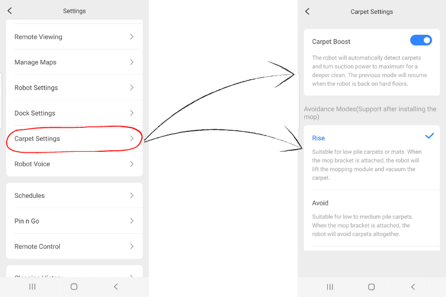 Settings for dealing with carpets are made in the Roborock S7 MaxV App.